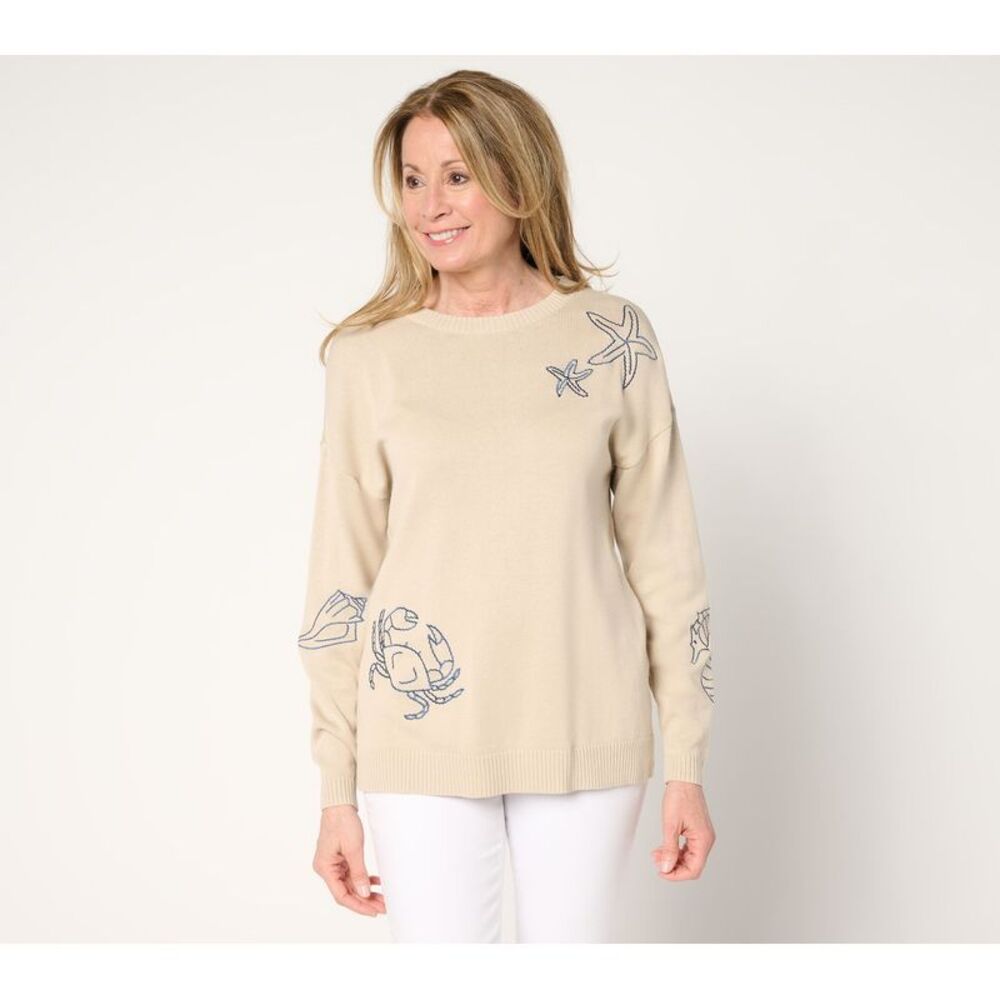 Top Knot Women's Sweater Sz L Sea la Vie Sketch White A683827